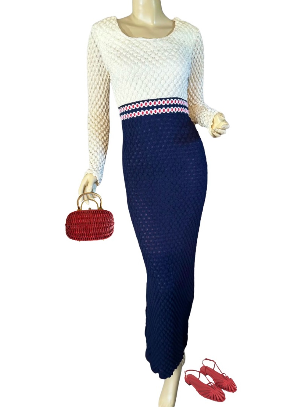 VINTAGE 1970'S BUBBLE CROCHET NAVY, CREAM & RED MAXI DRESS (XS)